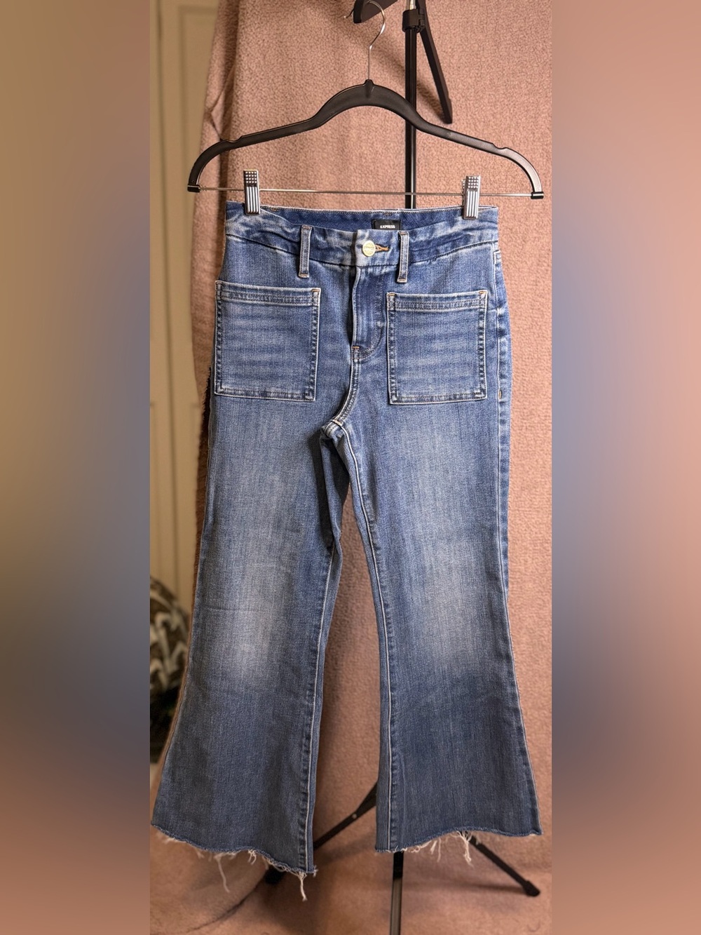 Express 70s Flare FlexX Hyper Stretch Jeans S Short 0 2 4 Raw Hem